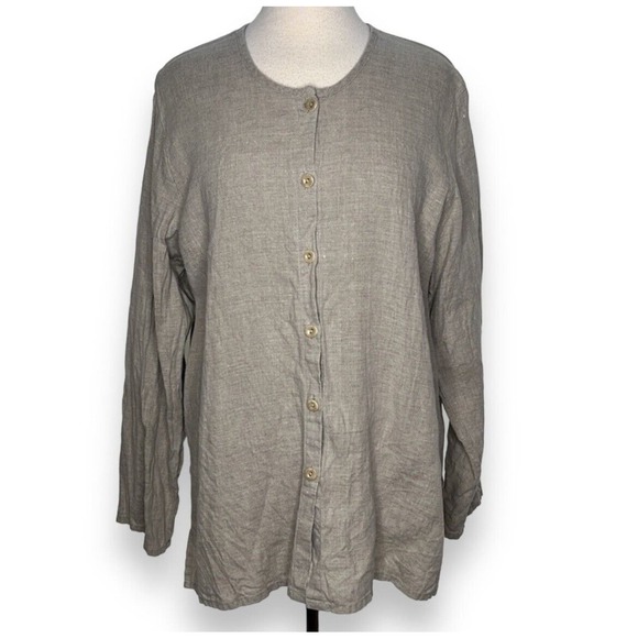 FLAX Linen Lagenlook Linen Tunic Top Size Medium Tan Cream Gray Button Up Blouse - Picture 1 of 7